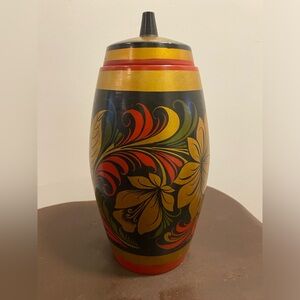 Khokhloma USSR 1970s Vintage Urn Vase w/Lid Folk Art Hand Painted Red Blk Gold